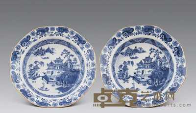 清 青花山水纹碟（一对） 口径22.2cm；底径12.2cm